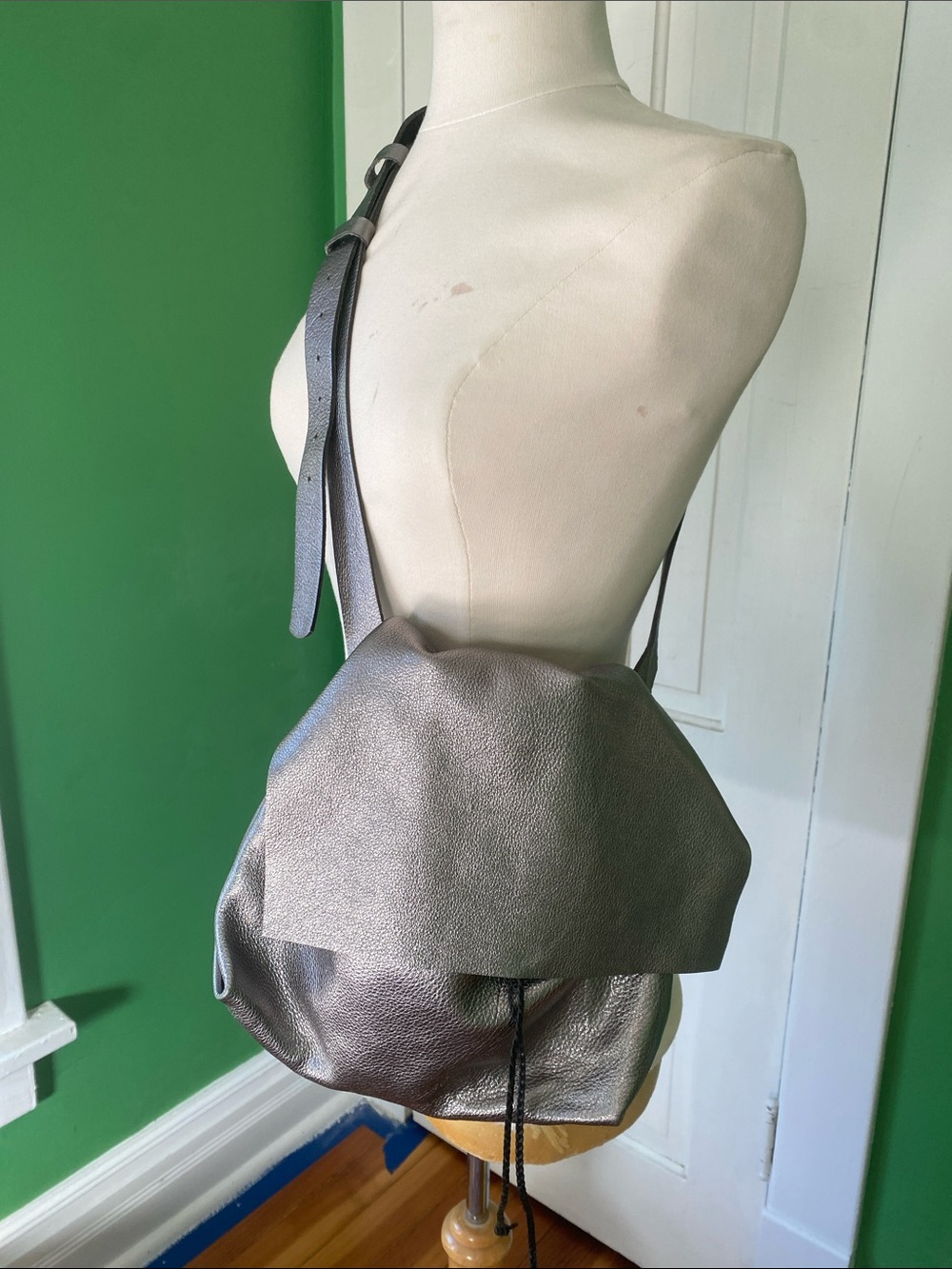 Stitch and Tickle Metallic  silver Gray Leather Drawstring crossbody bag handmad